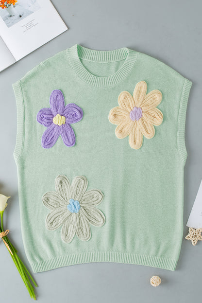 Light Jade Multi Crochet Flower Knit Short Sleeve Sweater Top