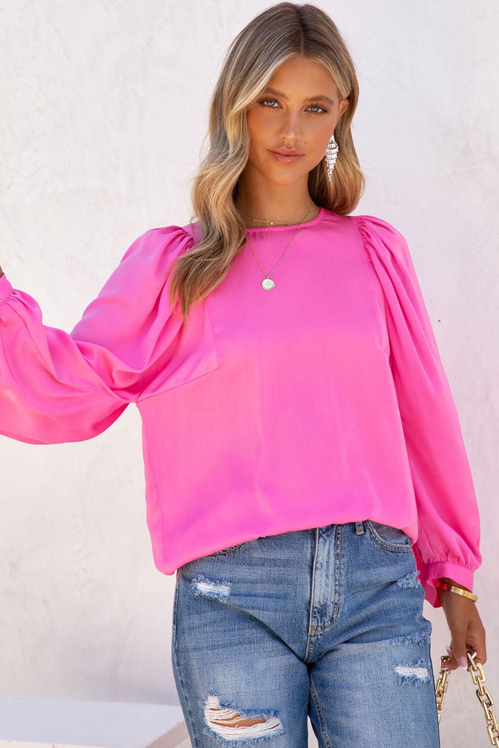 Plain Satin Puff Long Sleeve Crewneck Blouse