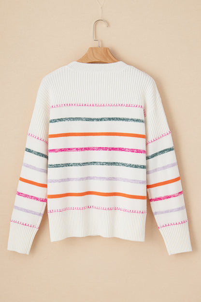 Colorful Striped Ribbed Trim Round Neck Sweater