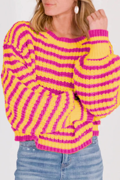 Orange Striped Bubble Sleeve Loose Sweater