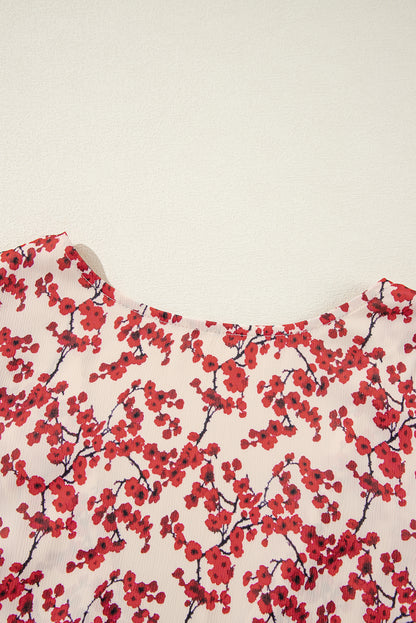 Red Floral Print Long Sleeve Open Back Blouse