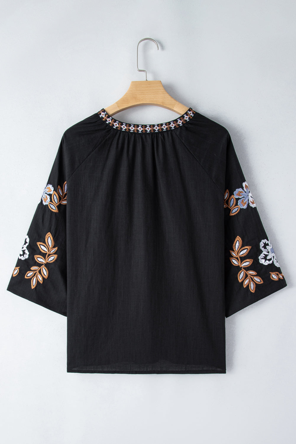 Black Boho Floral Embroidered V Neck Blouse