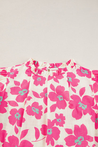 Green Floral Puff Sleeve Frilled Neckline Blouse