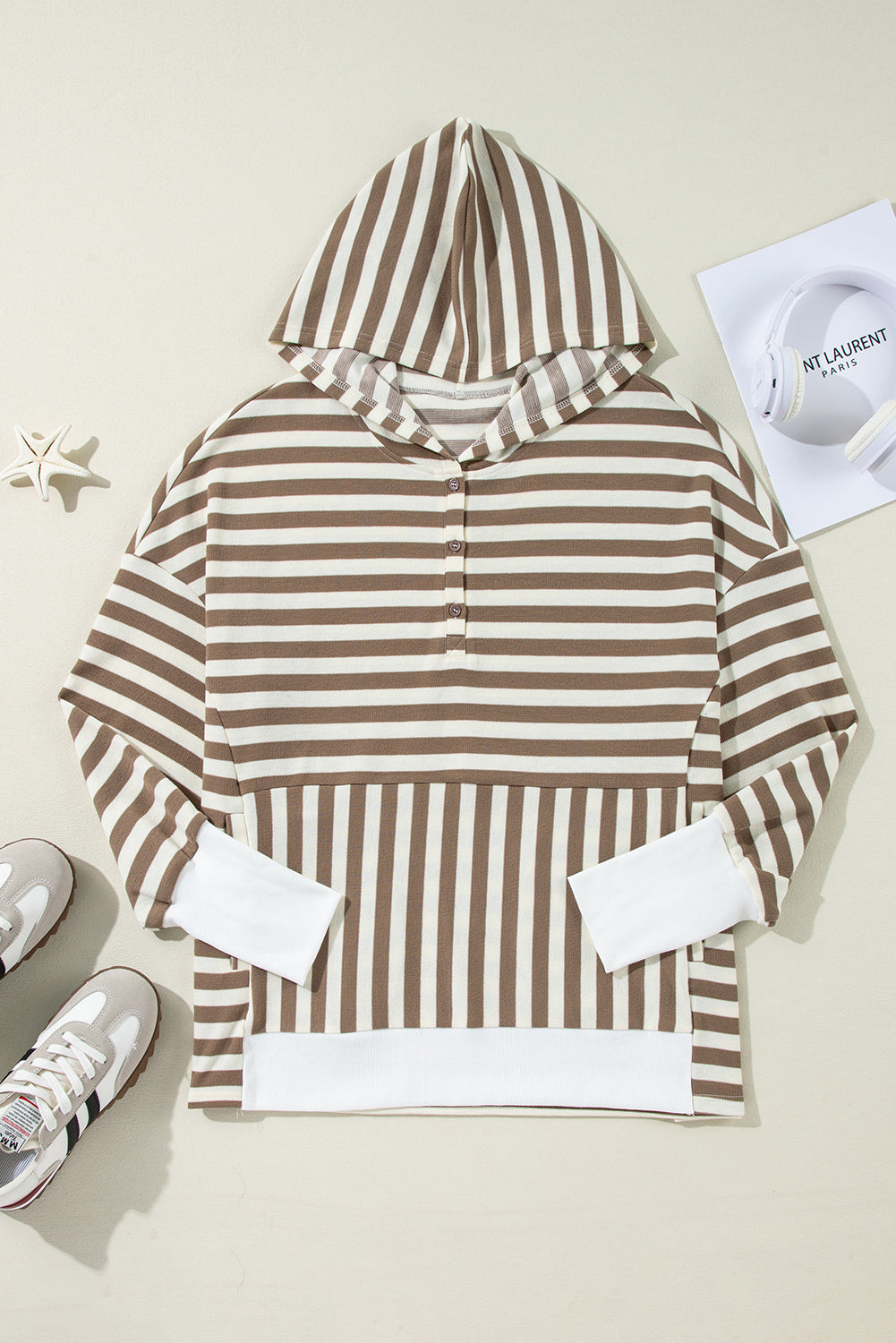 Plus Size Brown Stripe Drop Sleeve Henley Hoodie