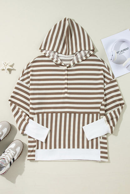 Plus Size Brown Stripe Drop Sleeve Henley Hoodie