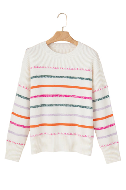 Colorful Striped Ribbed Trim Round Neck Sweater