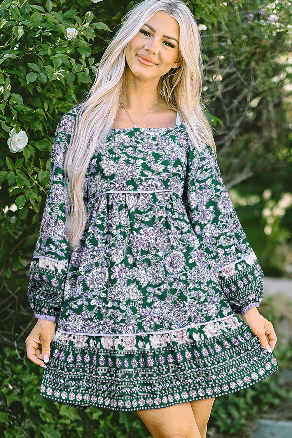 Green Floral Print Piping Trim Bubble Sleeve Bohemian Dress