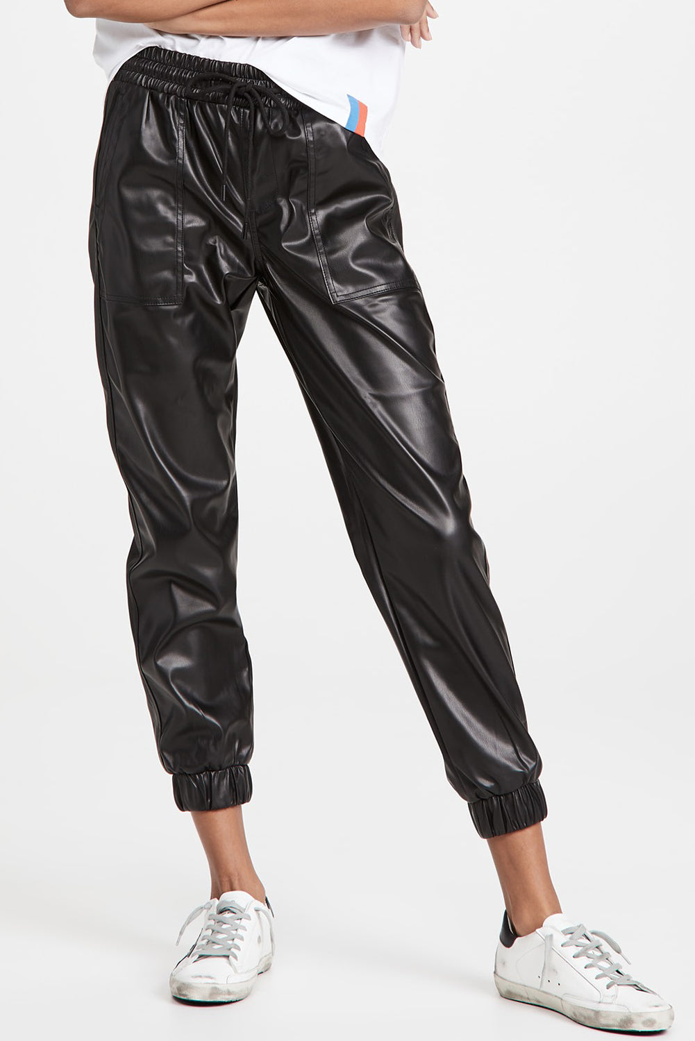 Black Faux Leather Smocked Waist Drawstring Cropped Pants