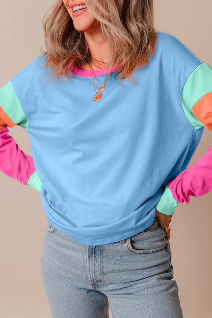 Blue Colorblock Long Sleeve Loose Top