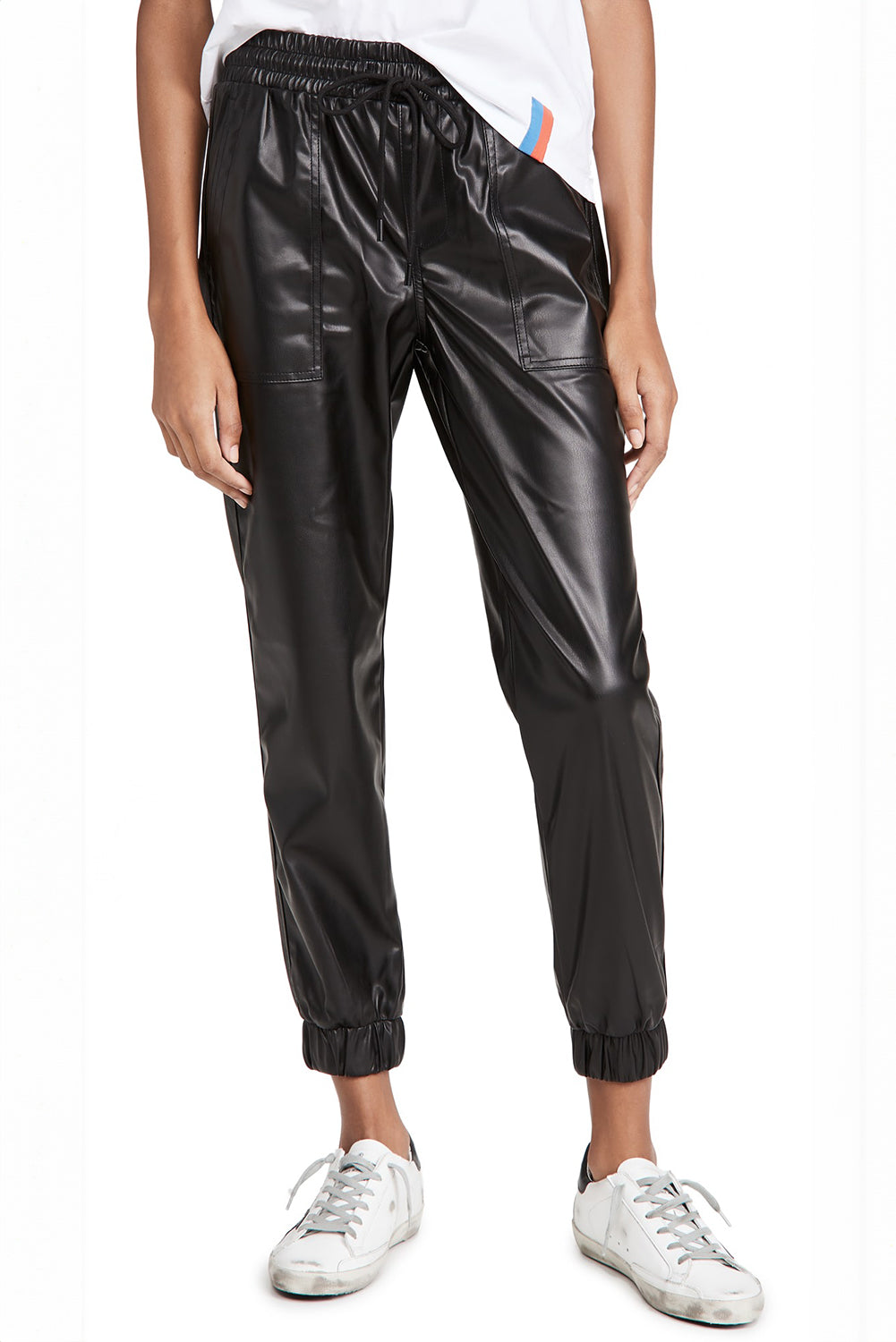 Black Faux Leather Smocked Waist Drawstring Cropped Pants