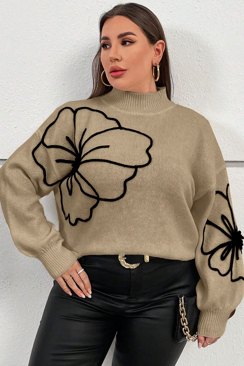 Plus Size Dark Khaki Flower Pattern High Neck Sweater