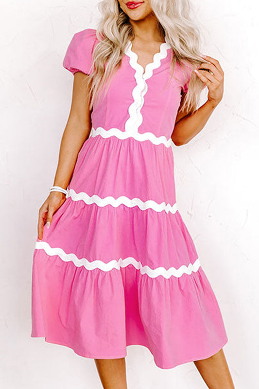 Pink Ric Rac Trim Short Puff Sleeve Flowy Midi Dress