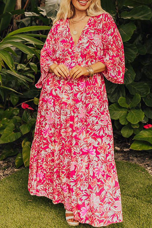 Plus Size Floral V Neck Flounce Sleeve Boho Maxi Dress