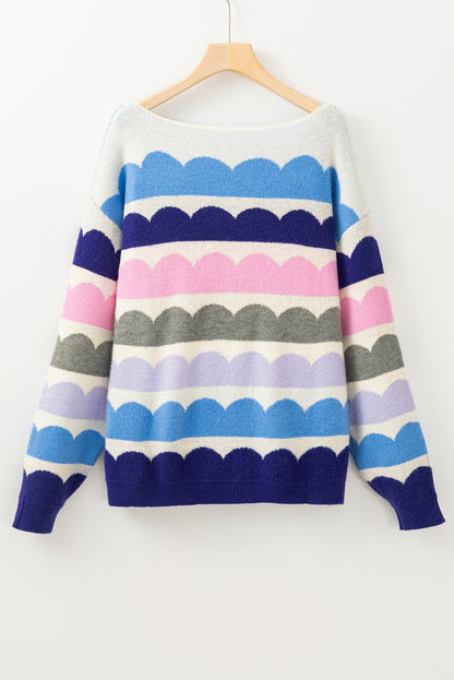 Wave Striped Balloon Sleeve Drop Shoulder Sweater