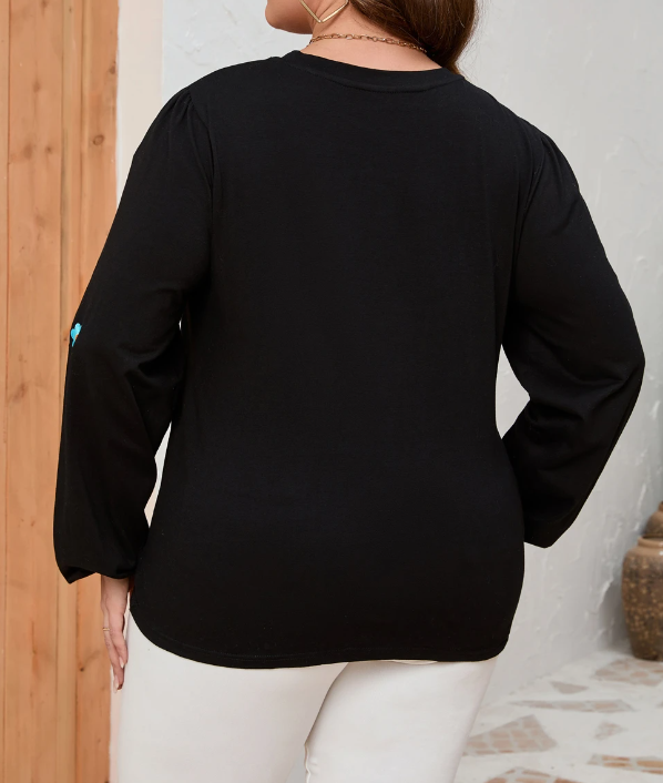 Plus Size Black Flower Embroidered Puff Sleeve Top