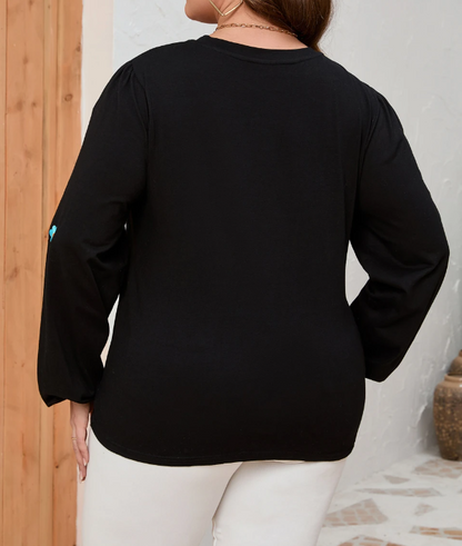 Plus Size Black Flower Embroidered Puff Sleeve Top