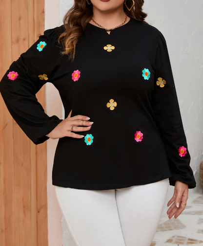 Plus Size Black Flower Embroidered Puff Sleeve Top