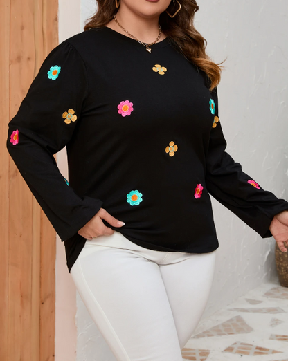 Plus Size Black Flower Embroidered Puff Sleeve Top