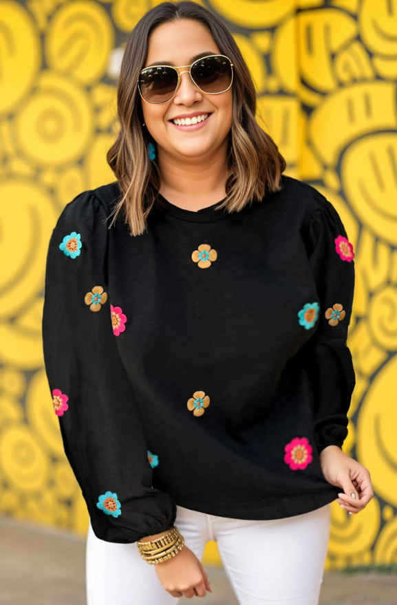 Plus Size Black Flower Embroidered Puff Sleeve Top