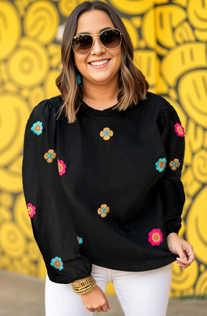 Plus Size Black Flower Embroidered Puff Sleeve Top