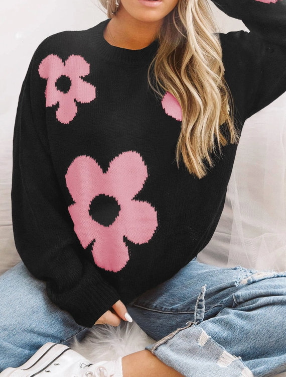 Black and Pink Flower Knit Sweater