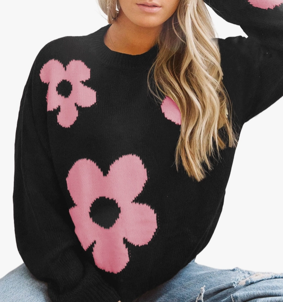 Black and Pink Flower Knit Sweater