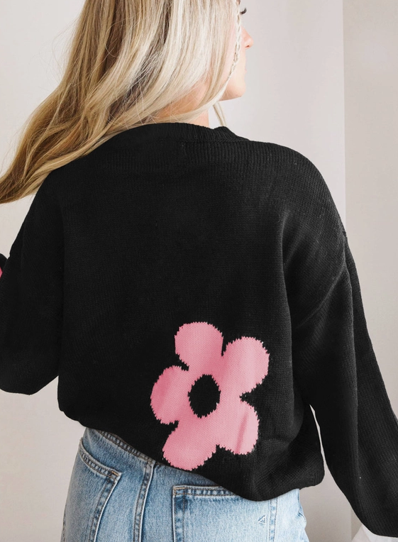 Black and Pink Flower Knit Sweater