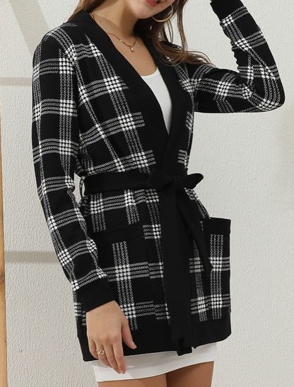 Plus Size Long Sleeve Black Plaid Cardigan with Pockets