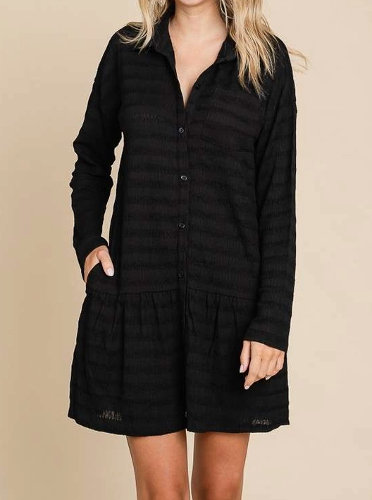 Black Tone on Tone Stripe Button Down Tunic Dress up to 3XL