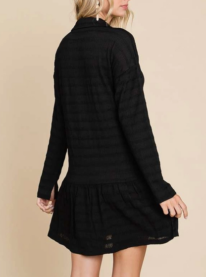 Black Tone on Tone Stripe Button Down Tunic Dress up to 3XL