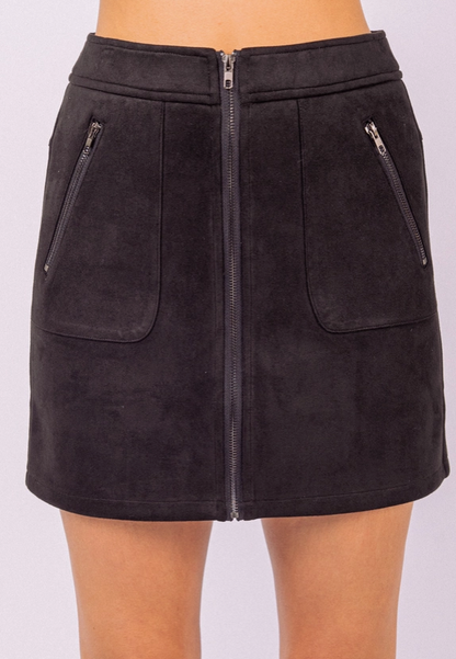 High Waist Suede Front Zipper Mini Skirt