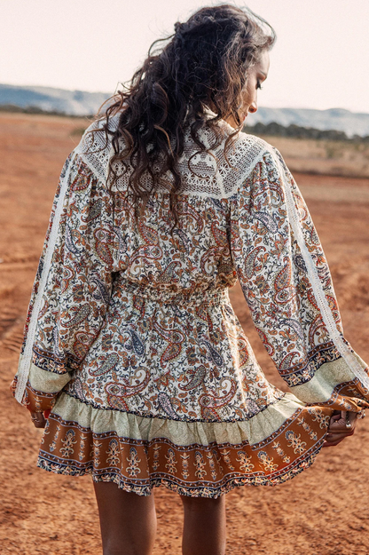 Multicolor Split Neck Paisley Ruffle Mini Dress