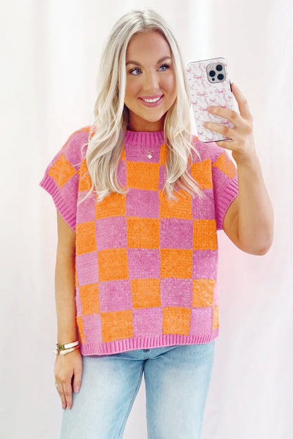 Strawberry Pink Colorblock Plaid Knit Dolman Top