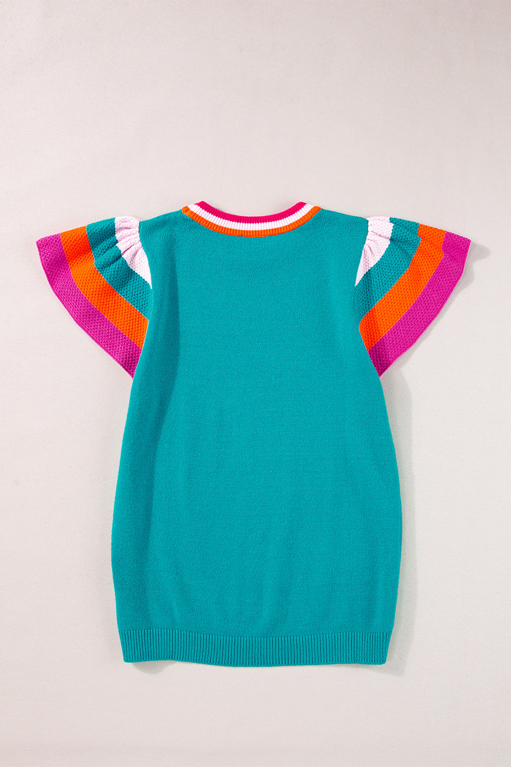 Turquoise Contrast Flutter Sleeves Knitted Sweater Shirt