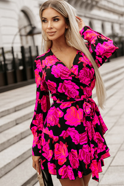 Rose Floral Print V Neck Ruffle Tiered Mini Dress