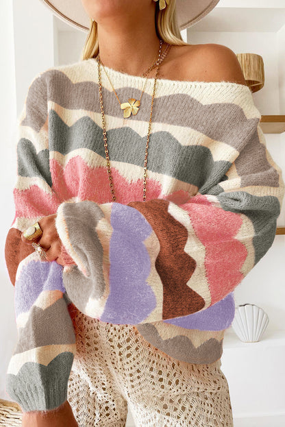 Wave Striped Balloon Sleeve Drop Shoulder Sweater