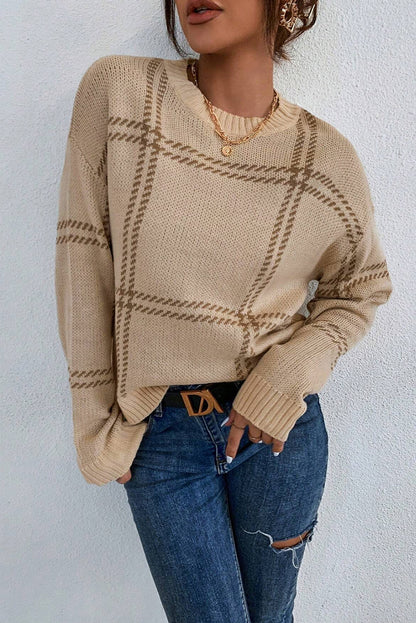 Plaid Pattern Knitted Drop Shoulder Sweater