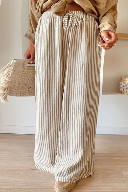 Plus Size Khaki Striped Drawstring Waist Wide Leg Pants