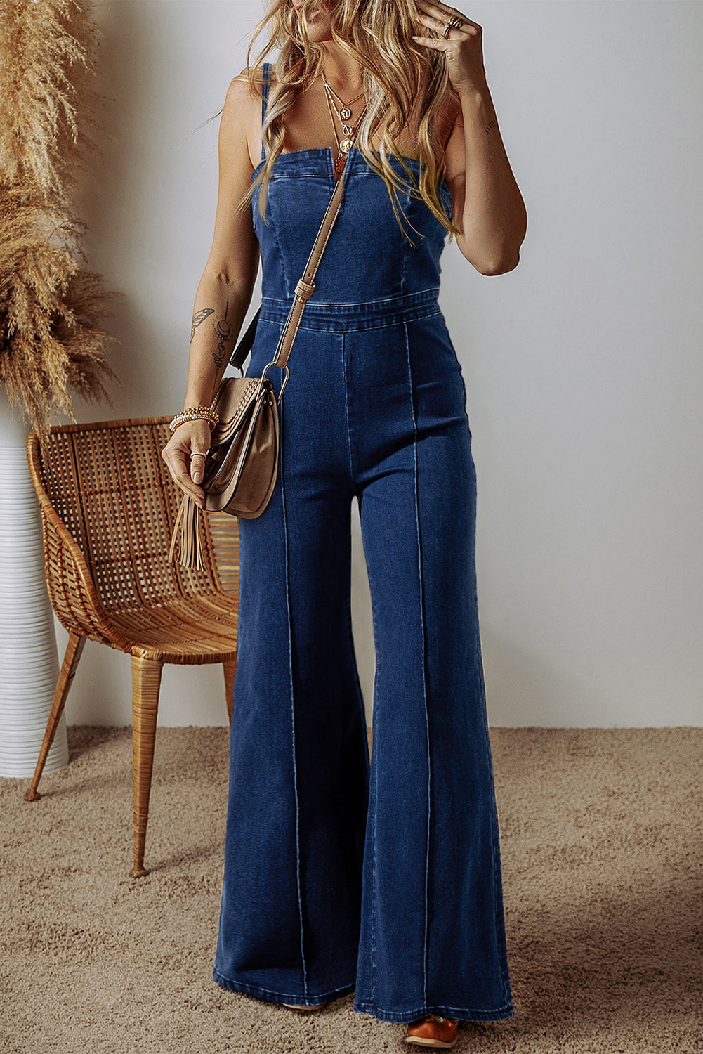 Seamed Zipper Spaghetti Strap High Waist Flared Jumpsuit