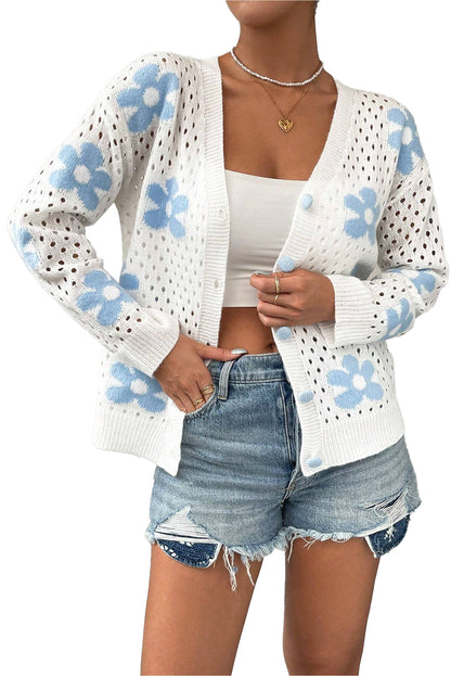 White Cute Flower Hollow Out Knit Short Cardigan