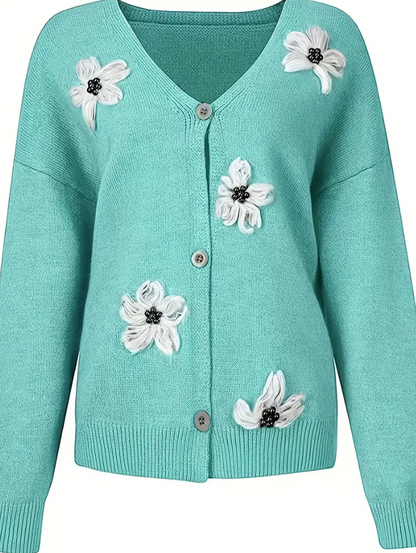 Flower Print Button Front Cardigan in Mint Green