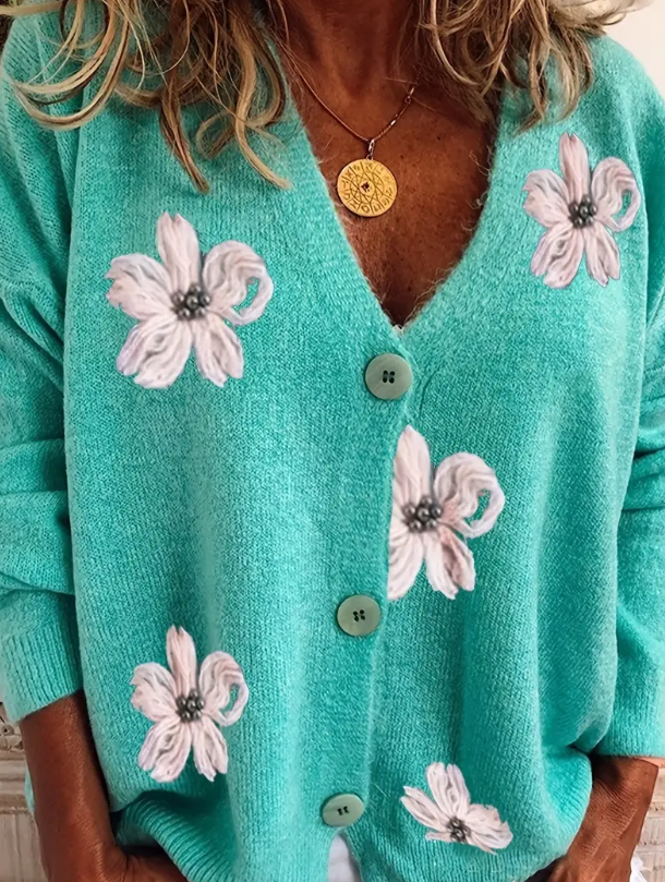 Flower Print Button Front Cardigan in Mint Green