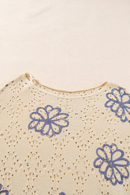 White Flower Print Drop Shoulder Hollow Knit Sweater