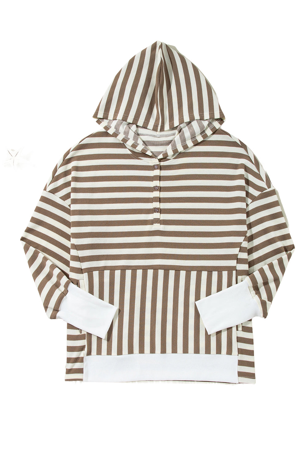 Plus Size Brown Stripe Drop Sleeve Henley Hoodie