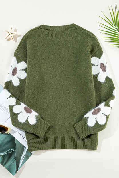 Light Grey Flower Sleeve Drop Shoulder Sweater