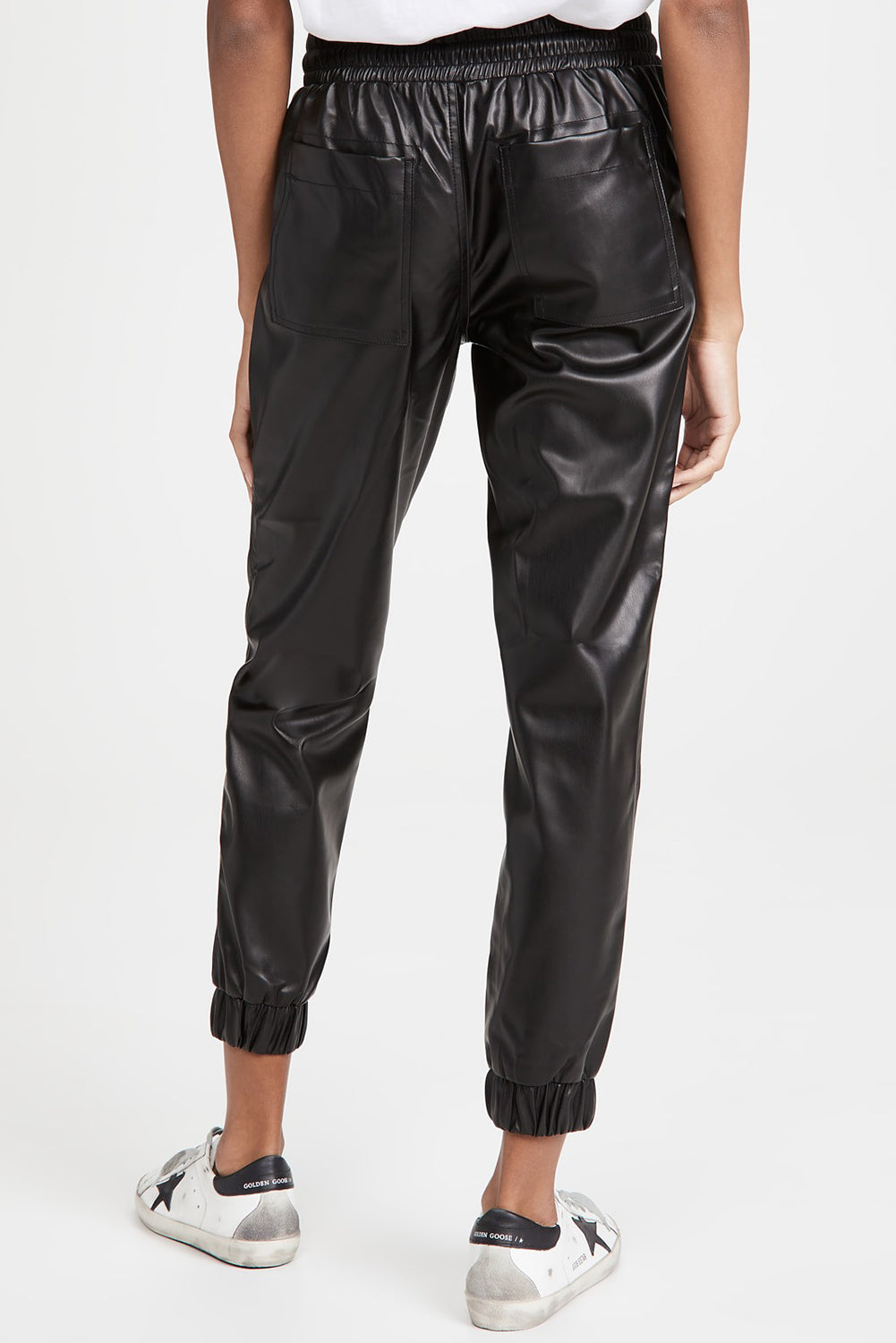 Black Faux Leather Smocked Waist Drawstring Cropped Pants