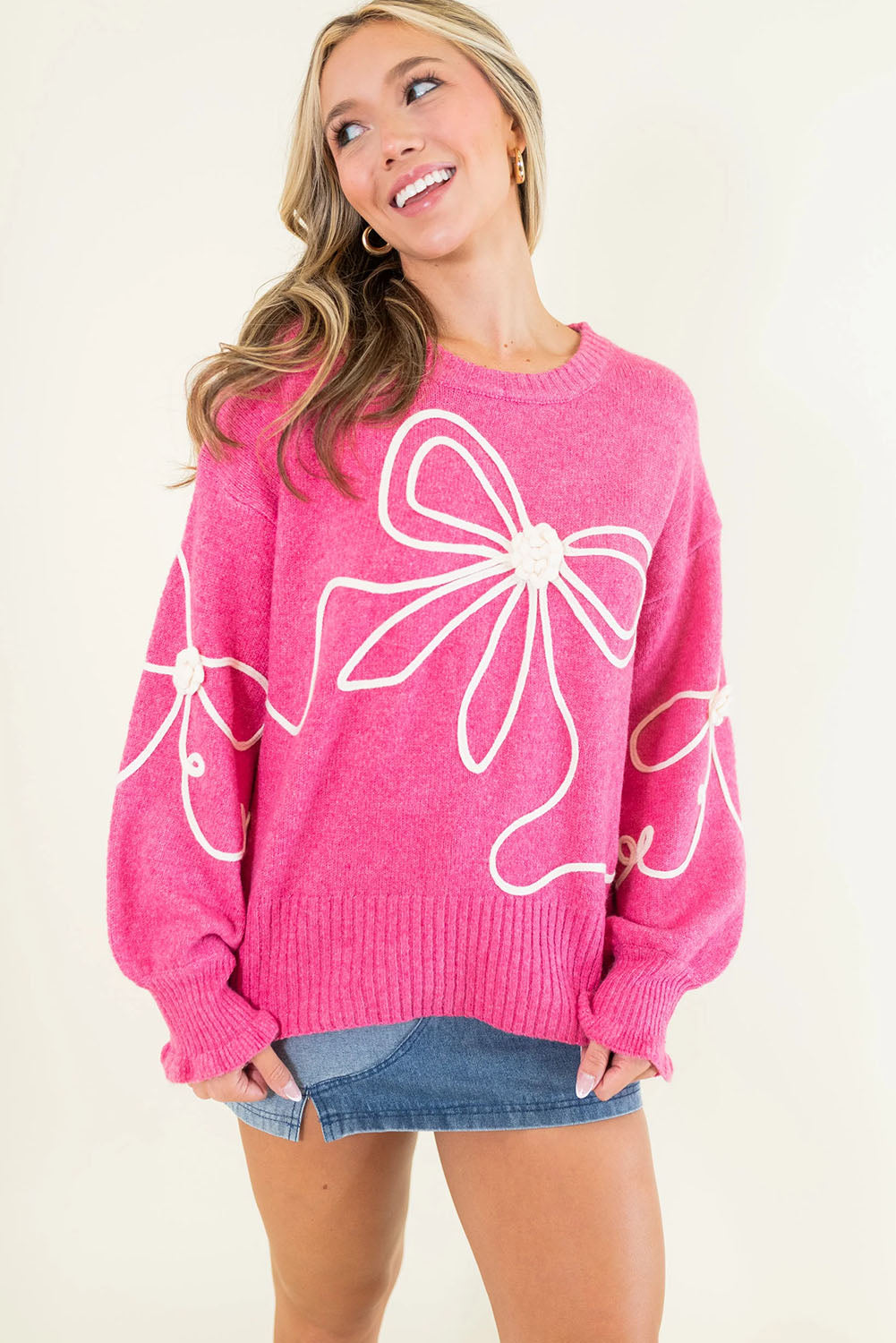 Bright Pink Sweet Bow Pattern Drop Sleeve Knit Sweater