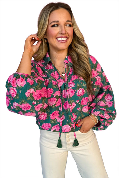 Green Floral Print Collared Puff Sleeve Blouse