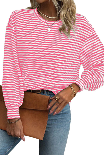 Rose Stripe Round Neck Drop Shoulder Long Sleeve Top