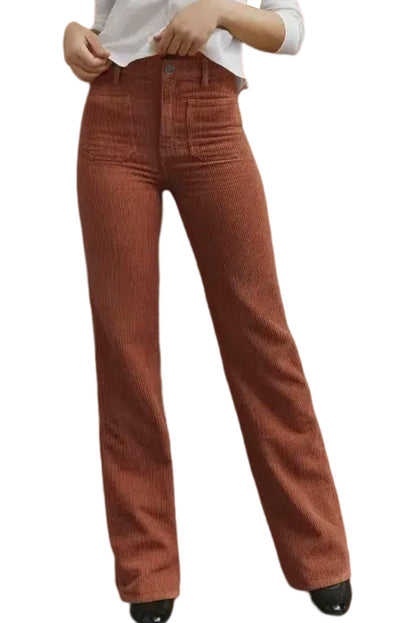 High Waist Pockets Corduroy Flare Leg Pants